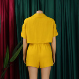 Yellow Fashion Casual Lapel Shirt Shorts Suit