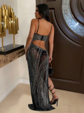 Black Fashion Suspender Perm Diamond Mesh See-through Slit Dress