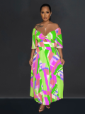Green Sexy V-Neck Printed Backless Pleated Dress