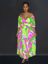 Green Sexy V-Neck Printed Backless Pleated Dress