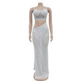 White Fashion Suspender Perm Diamond Mesh See-through Slit Dress