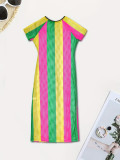 Summer Short-Sleeved Striped Color-Blocked Slit Dress