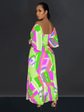 Green Sexy V-Neck Printed Backless Pleated Dress