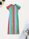 Summer Short-Sleeved Striped Color-Blocked Slit Dress