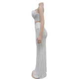 White Fashion Suspender Perm Diamond Mesh See-through Slit Dress