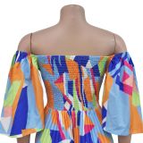 Blue Sexy V-Neck Printed Backless Pleated Dress