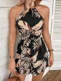 Black Summer New Floral Halter Back Suspender Jumpsuit