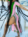 Summer Short-Sleeved Striped Color-Blocked Slit Dress