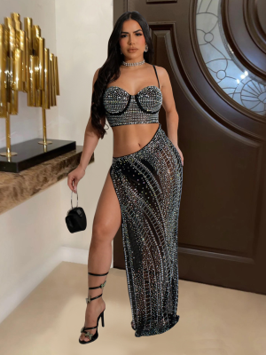 Black Fashion Suspender Perm Diamond Mesh See-through Slit Dress