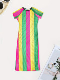 Summer Short-Sleeved Striped Color-Blocked Slit Dress