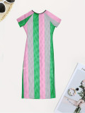 Summer Short-Sleeved Striped Color-Blocked Slit Dress