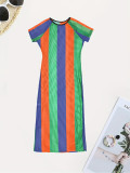 Summer Short-Sleeved Striped Color-Blocked Slit Dress