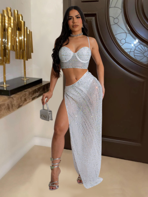 White Fashion Suspender Perm Diamond Mesh See-through Slit Dress