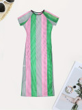 Summer Short-Sleeved Striped Color-Blocked Slit Dress