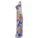 Blue Sexy V-Neck Printed Backless Pleated Dress