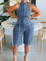 Light Blue Fashion Hot Selling Zippered Backless Stretch Denim Jumpsuit
