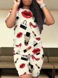 Apricot Fashion O-neck Printed Casual Two-Piece Suit