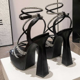 Black Stylish Square Toe Open Toe Rhinestone Block Heel Sandals