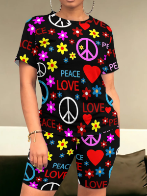 Summer Round Neck Casual Printed Two-Piece Suit