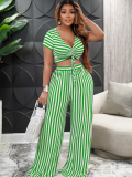 Green Printed Short-Sleeved V-Neck Loose Two-Piece Suit