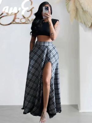 Fashion Print Double Pocket Slit Sexy Skirt