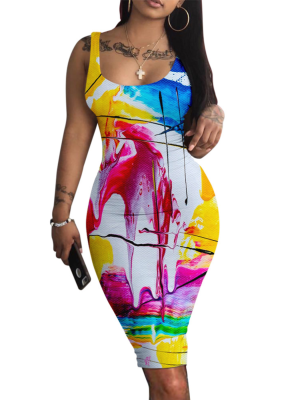 Printed Sleeveless Round Neck Fitted Dress
