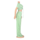 Green Printed Short-Sleeved V-Neck Loose Two-Piece Suit