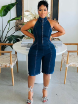 Navy Fashion Hot Selling Zippered Backless Stretch Denim Jumpsuit