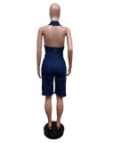 Navy Fashion Hot Selling Zippered Backless Stretch Denim Jumpsuit