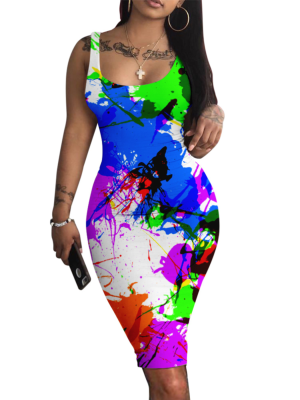 Printed Sleeveless Round Neck Fitted Dress