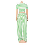 Green Printed Short-Sleeved V-Neck Loose Two-Piece Suit