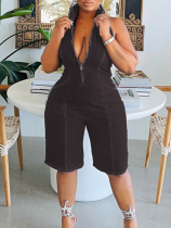 Black Fashion Hot Selling Zippered Backless Stretch Denim Jumpsuit