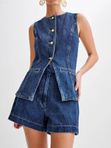 Fashionable Casual Sleeveless High Waist Denim Suit
