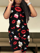 Black Fashion O-neck Printed Casual Two-Piece Suit