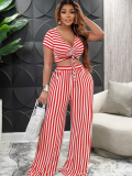 Red Printed Short-Sleeved V-Neck Loose Two-Piece Suit