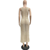 Apricot Sexy Hollow Solid Color V-neck Knitted Sleeveless Mermaid Dress