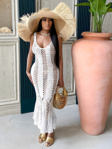 White Sexy Hollow Solid Color V-neck Knitted Sleeveless Mermaid Dress