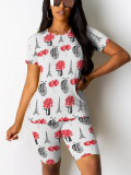 Fashion O-Neck Printed Casual Two-Piece Suit