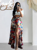 Fashion Print Double Pocket Slit Sexy Skirt