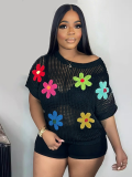 Black Crew Neck Knitted See-Through Floral Short Sleeve Top