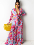 Chiffon Irregular Print Long Sleeve Wide Leg Casual Two Piece Suit