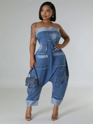Fashionable Washed Loose Denim Jumpsuit