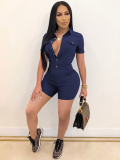 Dark Blue Lapel Short Sleeve Single Breasted Jumpsuit