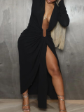 Black Sexy Large U Neck Slit Long Sleeve Dress