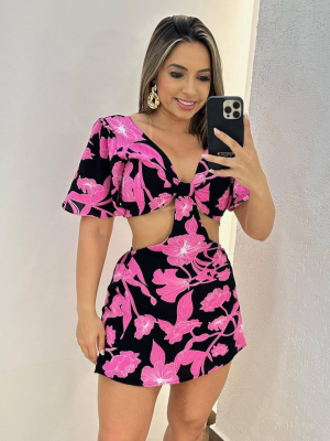 Printed Hollow Tie Ruffle Sleeve Jumpsuit
