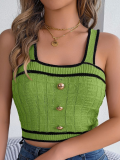 Green Summer Contrast Button Sleeveless Belly Button Knit Top