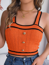 Orange Summer Contrast Button Sleeveless Belly Button Knit Top