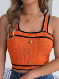 Orange Summer Contrast Button Sleeveless Belly Button Knit Top
