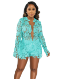 Light Blue Hollow Solid Color Long-Sleeved Shirt And Shorts Two-Piece Set