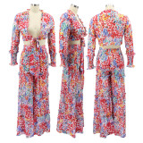 Chiffon Irregular Print Long Sleeve Wide Leg Casual Two Piece Suit